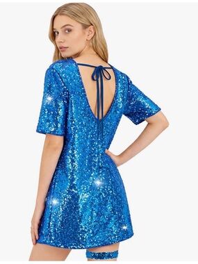 Sequin Short Sleeve V-Back Party Dress in Blue-SZ S
